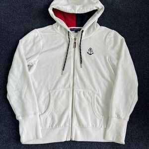 Tommy Hilfiger Hoodie Mens Medium White Nautical Anchor Full Zip Sweatshirt